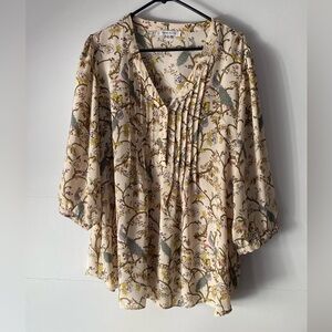 Rose & Olive Cream Floral and Bird V-Neck Pintuck Blouse